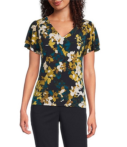 Calvin Klein Floral Print V-Neck Short Flutter Sleeve Top