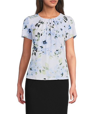 Calvin Klein Floral Short Sleeve Pleat Neck Top