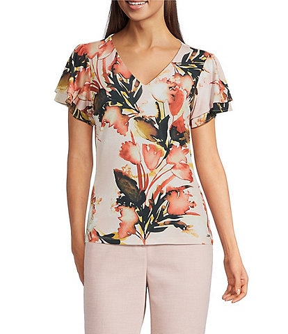 Calvin Klein Floral V-Neck Short Flutter Sleeve Top