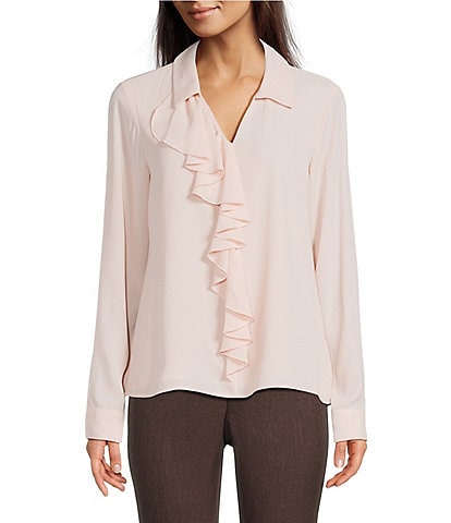 Calvin Klein Georgette Collared V-Neck Long Sleeve Ruffle Front Blouse