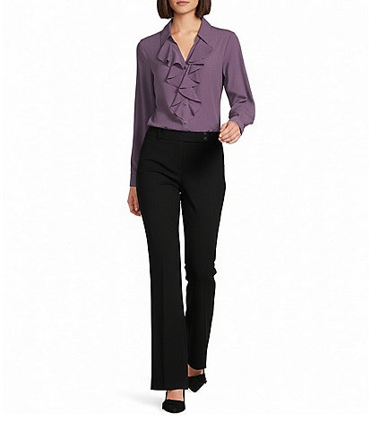 Calvin Klein Georgette Point Collar Long Sleeve Ruffle Button Front Top