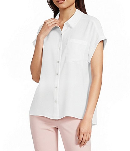 Calvin Klein Georgette Point Collar Short Sleeve Button Front Blouse