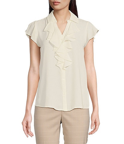 Calvin Klein Georgette Point Collar V-Neck Short Sleeve Ruffled Button Front Blouse