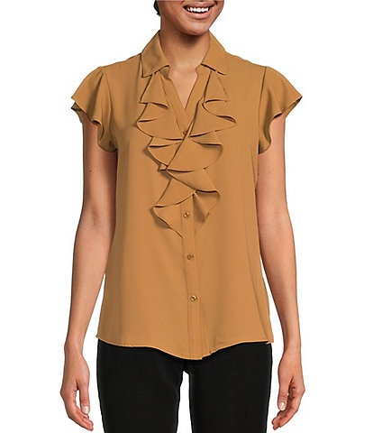 Calvin Klein Georgette Point Collar V-Neck Short Sleeve Ruffled Button Front Blouse