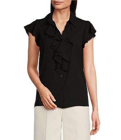 Calvin Klein Georgette Ruffle-Front Point Collar Short Sleeve Top