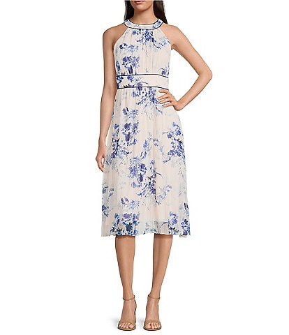 Calvin Klein Halter Neck Floral Print Chiffon Dress