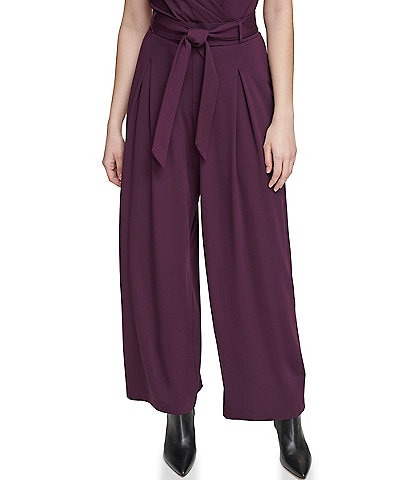 Calvin Klein Heathered Ponte Wide Leg Belted Pleated Pants