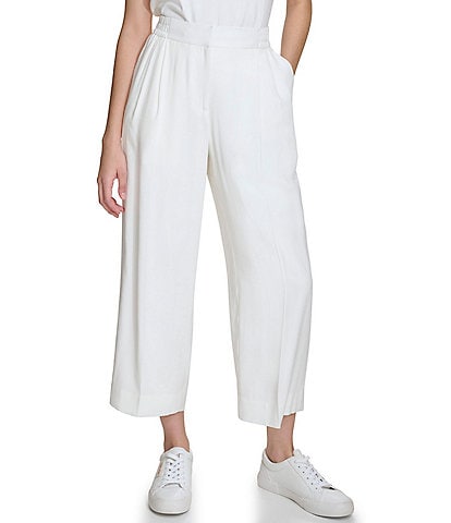 Calvin Klein High Rise Pleated Smocked Waist Side Pocket Straight Leg Cropped Pants