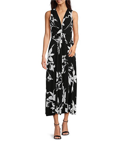 Calvin Klein Jersey Sleeveless V-Neck Floral Midi Dress