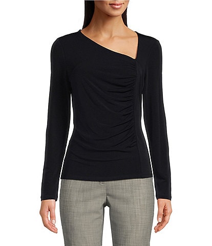 Calvin Klein Knit Asymmetrical V-Neck Long Sleeve Ruched Front Top