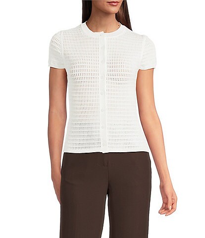 Calvin Klein Knit Crew Neck Cap Sleeve Button Front Top