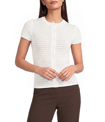 Calvin Klein Knit Crew Neck Cap Sleeve Button Front Top