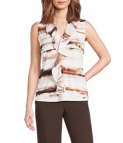 Calvin Klein Knit Jersey V-Neck Sleeveless Ruffle Front Top
