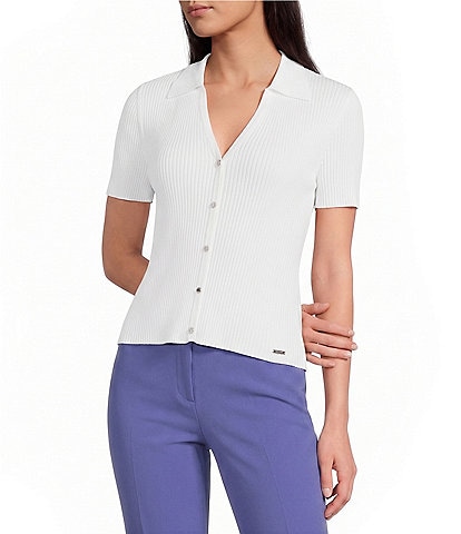 Calvin Klein Knit Point Collar Short Sleeve Button Front Top