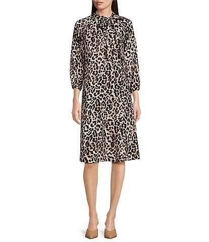 Calvin Klein Leopard Print 3/4 Sleeve Tied Mock Neck Crepe Midi Dress