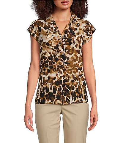 Calvin Klein Leopard Print Collared Ruffle Front Cap Sleeve Woven Top