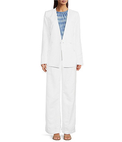 Calvin Klein Linen Blend Double Breasted V Neckline Long Sleeve Jacket & Coordinating Wide Leg Pants