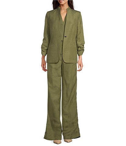 Calvin Klein Linen Blend Stand Collar 3/4 Sleeve One-Button Jacket & Linen Blend Wide Leg Pants
