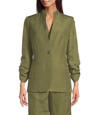 Calvin Klein Linen Blend Stand Collar 3/4 Sleeve One-Button Jacket
