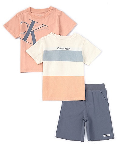 Calvin Klein Little Boys 2T-7 Short Sleeve Two Logo T-Shirts And French Terry Shorts Three Piece Set