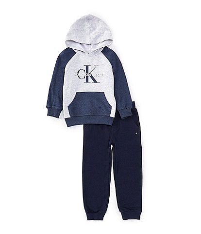 Calvin Klein Little Boys 2T-7 Long Sleeve Colorblock Fleece Logo Hoodie & Solid Joggers 2-Piece Set