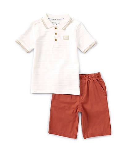 Calvin Klein Little Boys 2T-7 Short Sleeve Herringbone Jersey Polo Shirt and Twill Shorts  Set
