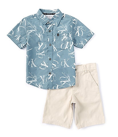 Calvin Klein Little Boys 2T-7 Short Sleeve Poplin Button-Front Shirt & Twill Shorts Set