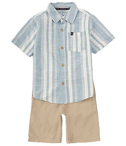 Calvin Klein Little Boys 2T-7 Short Sleeve Stripe Slub Button-Up Shirt & Twill Shorts Set