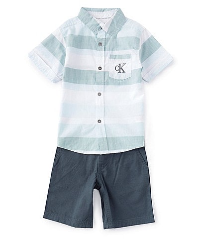 Calvin Klein Little Boys 2T-7 Short-Sleeve Yarn-Dyed Stripe Button Down Shirt & Solid Twill Shorts Set