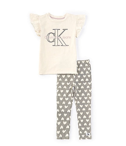 Calvin Klein Little Girls 2T-6X Flutter Sleeve Logo-Detailed Tunic Top & Heart-Printed Leggings Set