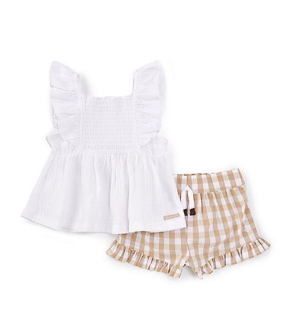 Calvin Klein Little Girls 2T-6X Flutter-Sleeve Smocked Tunic Top & Gingham-Printed Shorts Set