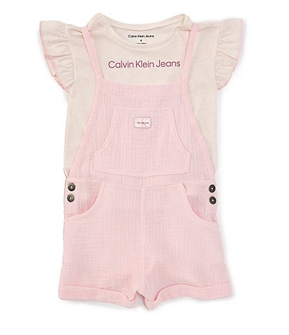 Calvin Klein Little Girls 2T-6X Flutter-Sleeve Striped Logo Muslin T-Shirt & Sleeveless Solid Romper Set