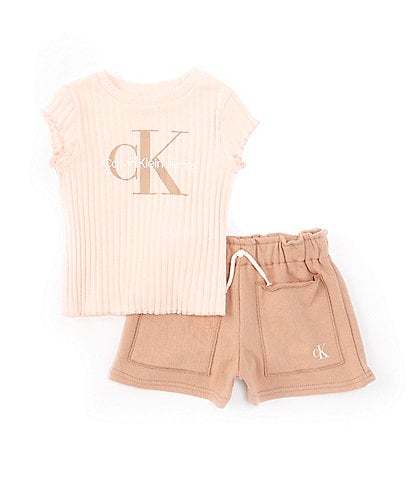 Calvin Klein Little Girls 2T-6X Short Sleeve Logo Chunky-Rib-Knit T-Shirt & Coordinating French Terry Shorts Set