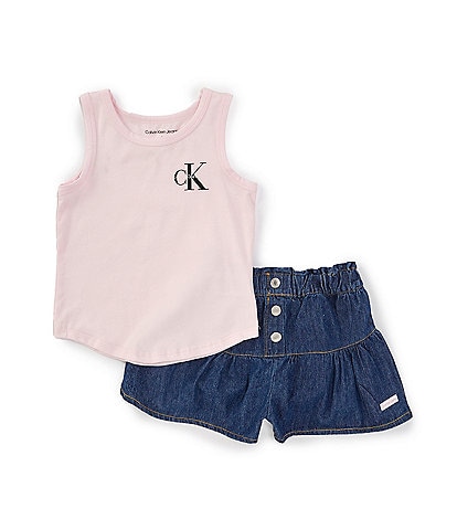 Calvin Klein Little Girls 2T-6X Sleeveless Knit Tank Top & Denim Skort Set