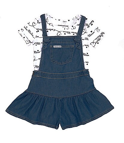 Calvin Klein Little Girls 4-6X Sleeveless Denim Romper & Short Sleeve Printed Logo Tee