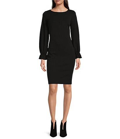Calvin Klein Chiffon Long Sheer Bell Sleeve Round Neck Sheath Dress |  Dillard's