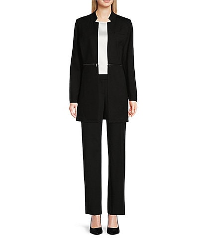 Calvin Klein Long Sleeve Mock Cut-Out Neck Open Front Trench Jacket & Classic Fit Straight Leg Luxe Stretch Pants