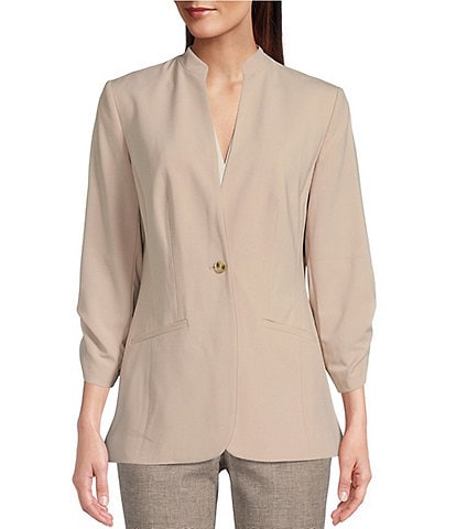 Calvin Klein Lux Stretch Stand Collar 3/4 Ruched Sleeve One Button Blazer