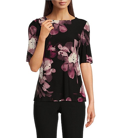 Calvin Klein Matte Jersey Floral-Printed Crew Neck Elbow Sleeve Blouse