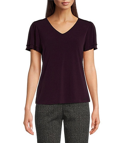 Calvin Klein Matte Jersey Knit V-Neck Short Tier Sleeve Top