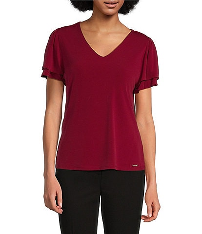 Calvin Klein Matte Jersey Knit V-Neck Short Tier Sleeve Top