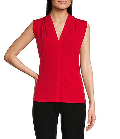 Calvin Klein Matte Jersey V-Neck Shoulder Pleat Sleeveless Top