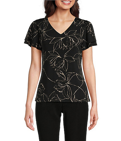 Calvin Klein Matte Knit Jersey Sketch Floral Print Short Flutter Sleeve V-Neck Top