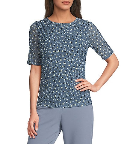 Calvin Klein Mesh Knit Dotted Print Crew Neck Side Pleated Collar Elbow Length Sleeve Top