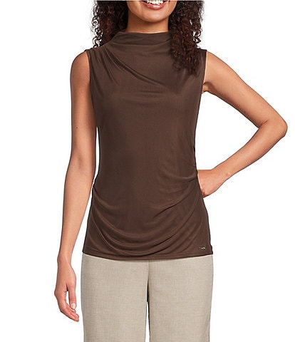 Calvin Klein Mesh Knit Mock Neck Sleeveless Fitted Top