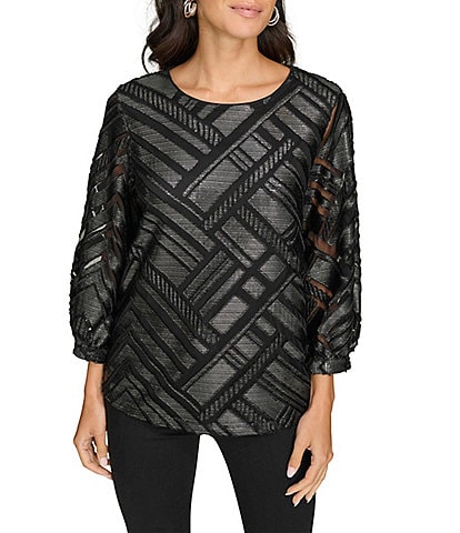 Calvin Klein Metallic Mesh Geometric Print Crew Neck Long Sleeve Top