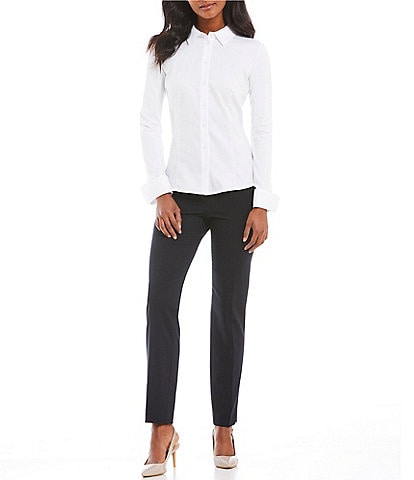Calvin Klein Point Collar Long Sleeve Button Cuff Mixed Fabric Woven Knit Shirt