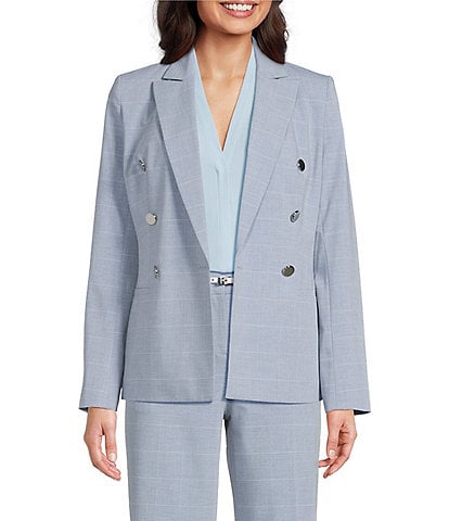 Calvin Klein Notch Collar Long Sleeve Windowpane Double Breasted Jacket