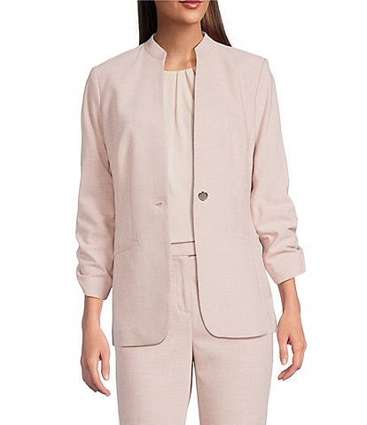 Calvin Klein Novelty Stand Collar 3/4 Sleeve One-Button Front Jacket