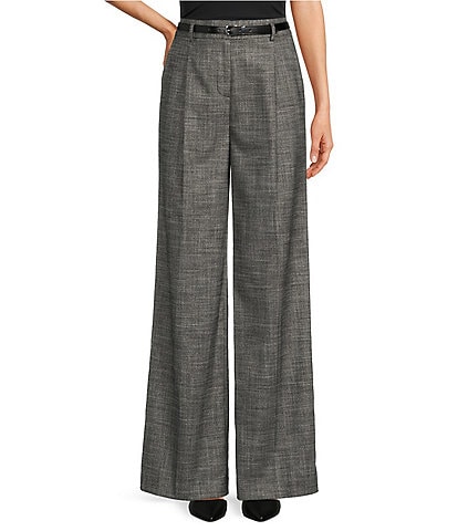 Calvin Klein Novelty Stretch Woven Belted Wide Leg Pleated Pants